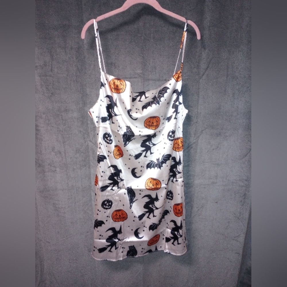 Halloween Themed Spaghetti Strap Satin Slip Dress Size Large NWT P2P 19 In